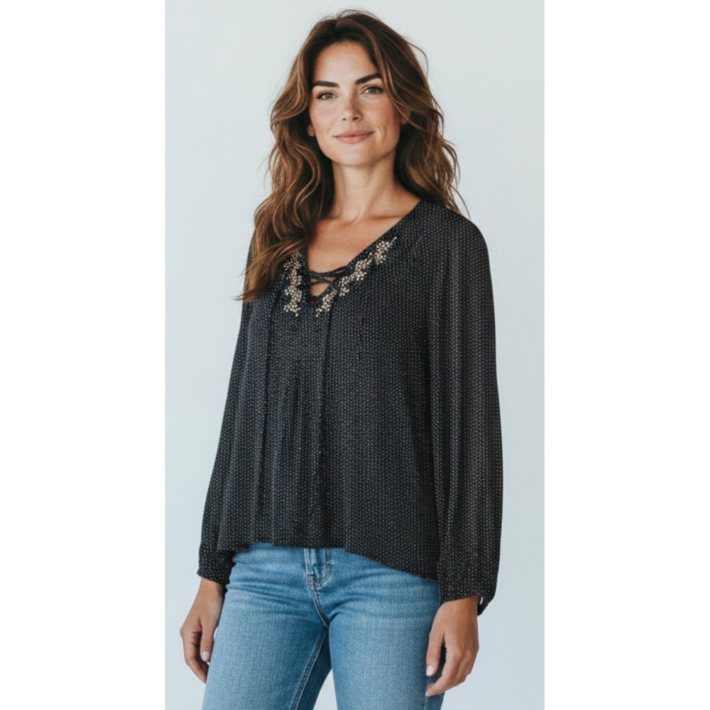 Velvet by Graham & Spencer Tunic Top Black Polka Dot Boho Embroidered  Sz XSmall